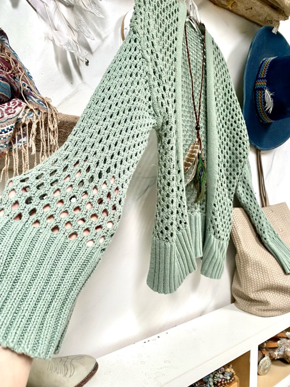 Mesh Sage green Semi sheer crochet/cover up boho Cardi w shabby chic beach vibe - Picture 10 of 15